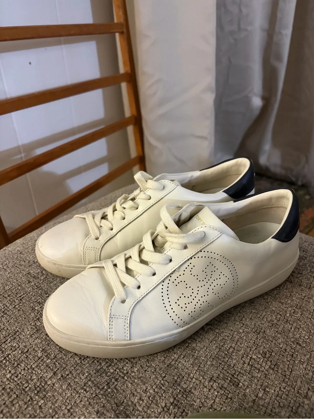 Tory Burch Cream Leather Perforated Logo Sneakers with Navy Heel